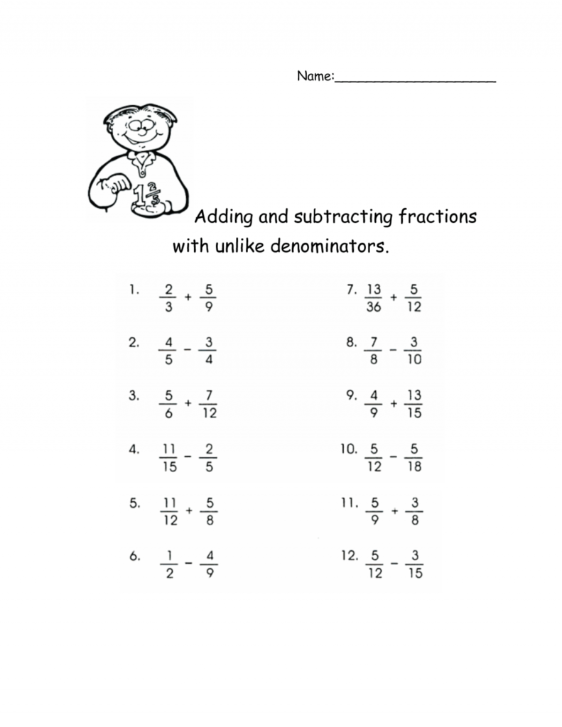 Adding Subtracting Unlike Fractions Worksheet FractionsWorksheets