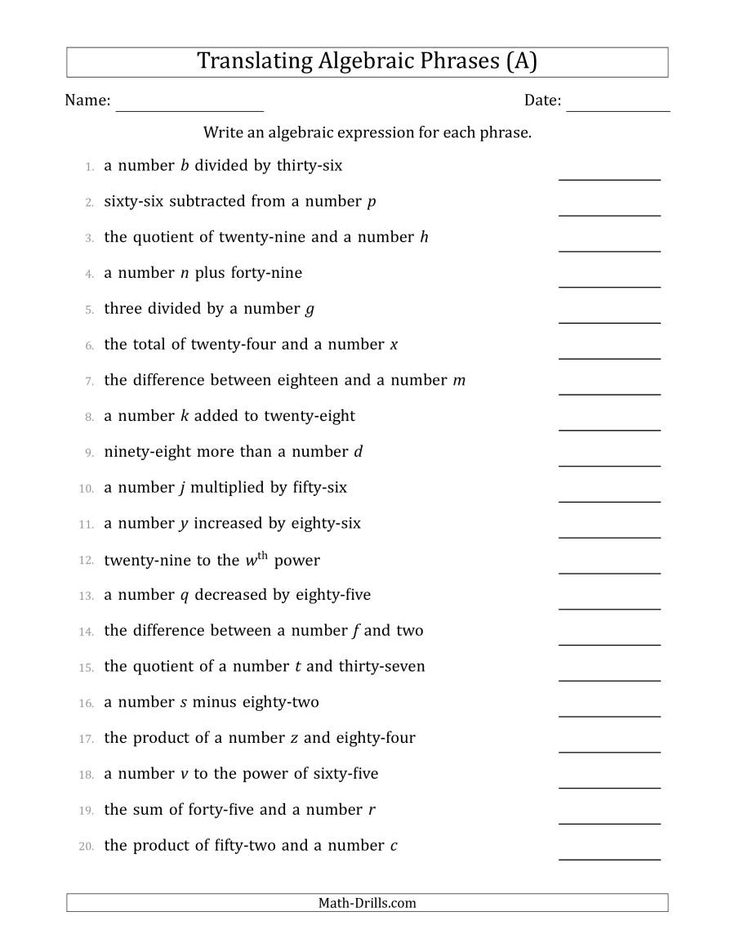 The Translating Algebraic Phrases Simple Version A Math Worksheet 