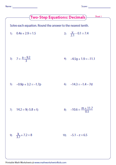 Two Step Equation Worksheets