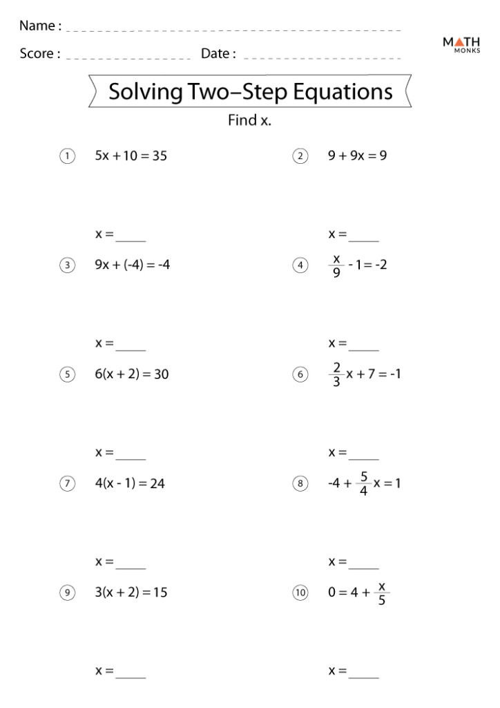 Two Step Equations Worksheets Math Monks