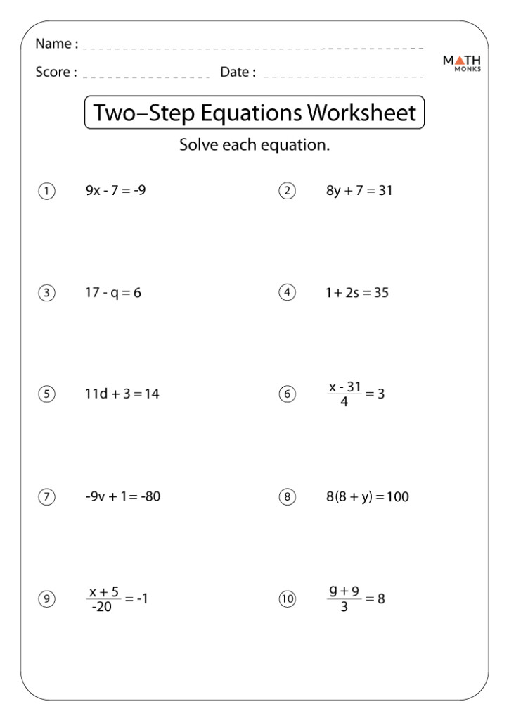 Two Step Equations Worksheets Math Monks