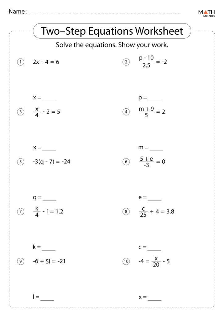 Two Step Equations Worksheets Math Monks