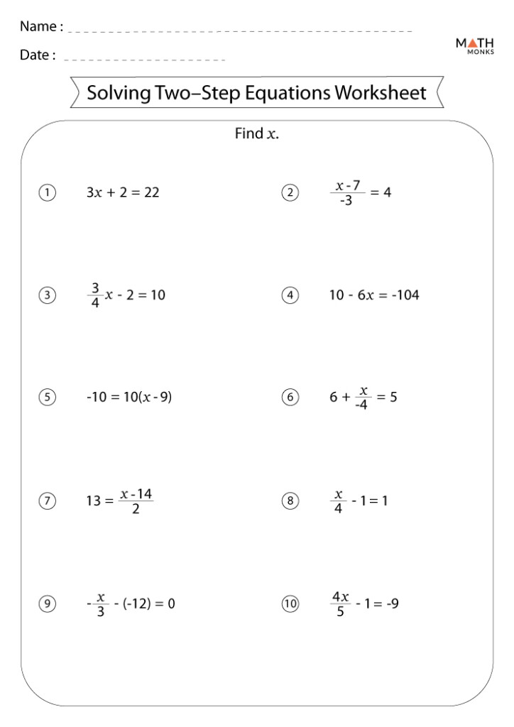 Two Step Equations Worksheets Math Monks