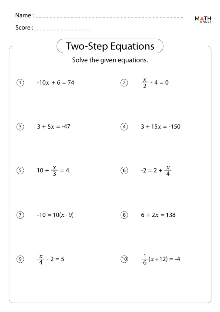 Two Step Equations Worksheets Math Monks