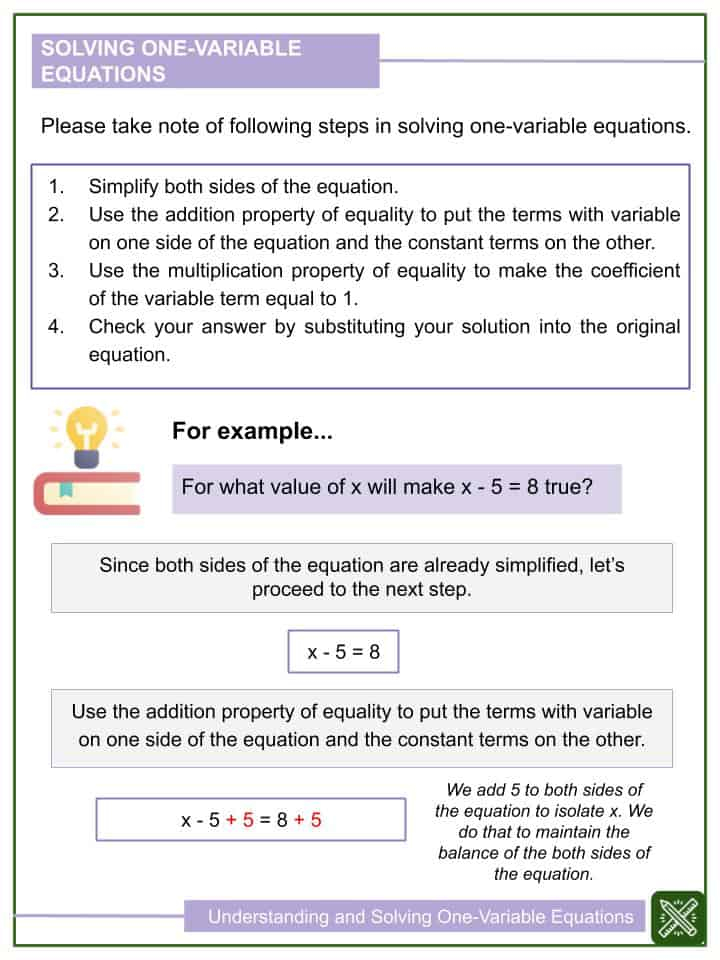 Understanding And Solving One Variable Equations 6th Grade Worksheets