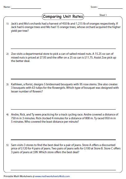 Unit Rate Word Problems Comparing Unit Rates Unit Rate Worksheet 