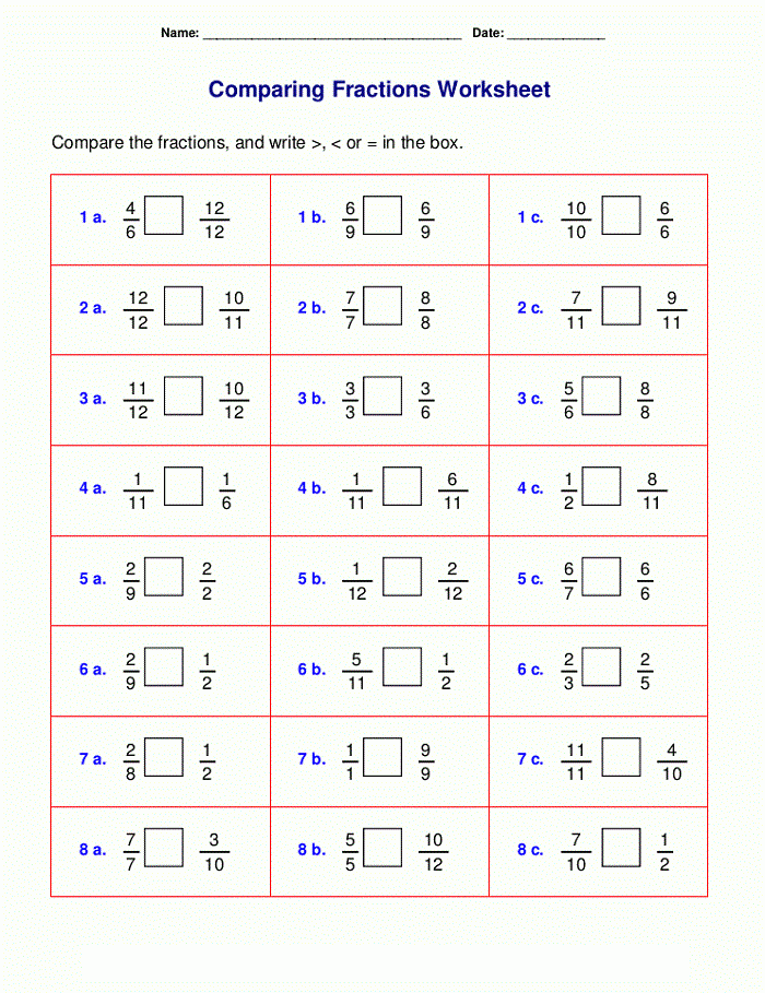 Worksheets For Grade 4 Fractions Worksheets Comparing Fractions 