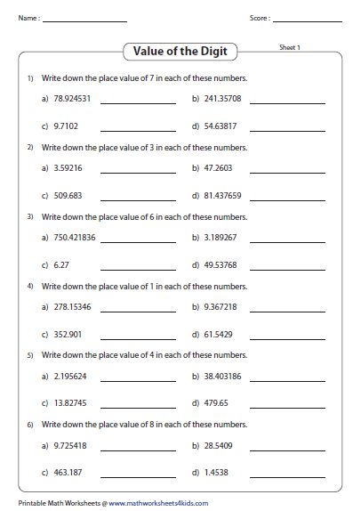 Write Down The Place Value Of The Specified Digit Math Fact