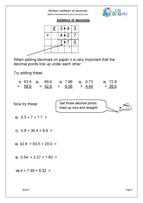 Written Addition Of Decimals Addition In Year 5 age 9 10 By 