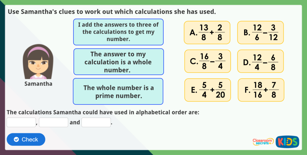 Year 5 Add And Subtract Fractions Maths Challenge Classroom Secrets Kids