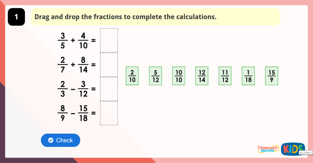 Year 6 Add And Subtract Fractions 1 Game Classroom Secrets Kids